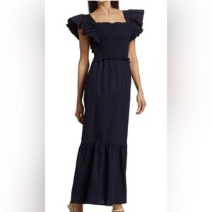 Sea New York Gladys Navy Blue Smocked Tie Back Dress XS $425